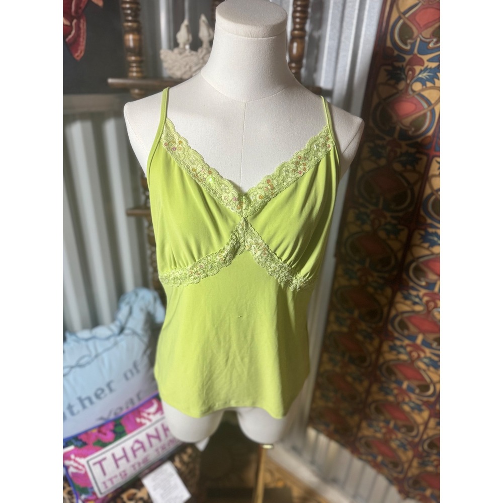 Y2K Carol Rose Green Lace Trim Cami Top Spaghetti Strap Tank Top Medium